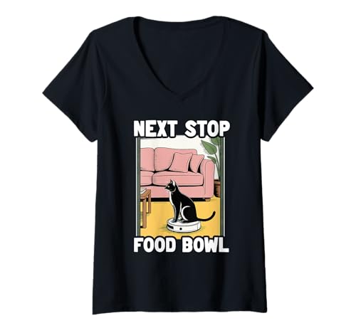 Damen Next Stop Futternapf Katze auf Roboter Staubsauger Lustige Katze T-Shirt mit V-Ausschnitt von Funny Cat Lover Designs