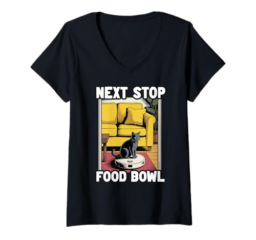Damen Next Stop Futternapf Katze auf Roboter Staubsauger Lustige Katze T-Shirt mit V-Ausschnitt von Funny Cat Lover Designs