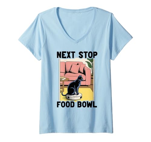 Damen Next Stop Futternapf Katze auf Roboter Staubsauger Lustige Katze T-Shirt mit V-Ausschnitt von Funny Cat Lover Designs
