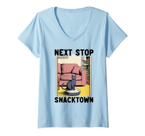 Damen Next Stop Snacktown Cat On Roboter-Staubsauger Lustige Katze T-Shirt mit V-Ausschnitt von Funny Cat Lover Designs