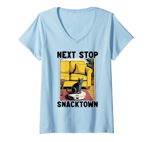 Damen Next Stop Snacktown Cat On Roboter-Staubsauger Lustige Katze T-Shirt mit V-Ausschnitt von Funny Cat Lover Designs