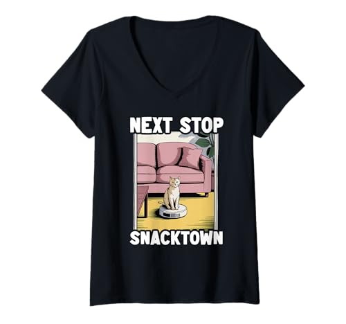 Damen Next Stop Snacktown Cat On Roboter-Staubsauger Lustige Katze T-Shirt mit V-Ausschnitt von Funny Cat Lover Designs