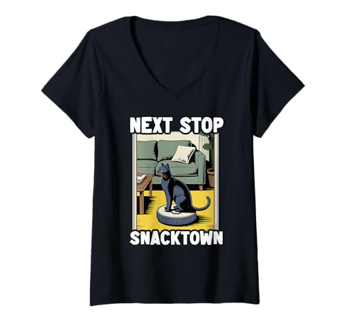Damen Next Stop Snacktown Cat On Roboter-Staubsauger Lustige Katze T-Shirt mit V-Ausschnitt von Funny Cat Lover Designs