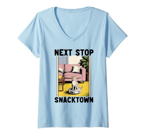 Damen Next Stop Snacktown Cat On Roboter-Staubsauger Lustige Katze T-Shirt mit V-Ausschnitt von Funny Cat Lover Designs