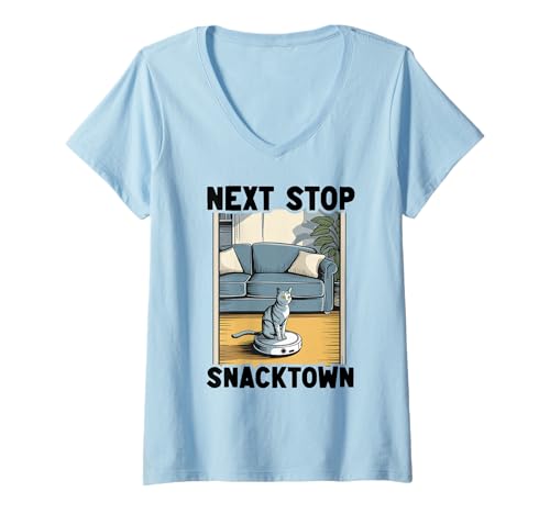 Damen Next Stop Snacktown Cat On Roboter-Staubsauger Lustige Katze T-Shirt mit V-Ausschnitt von Funny Cat Lover Designs