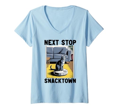 Damen Next Stop Snacktown Cat On Roboter-Staubsauger Lustige Katze T-Shirt mit V-Ausschnitt von Funny Cat Lover Designs