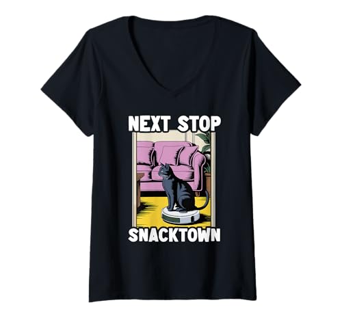 Damen Next Stop Snacktown Cat On Roboter-Staubsauger Lustige Katze T-Shirt mit V-Ausschnitt von Funny Cat Lover Designs