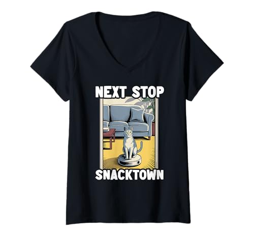 Damen Next Stop Snacktown Cat On Roboter-Staubsauger Lustige Katze T-Shirt mit V-Ausschnitt von Funny Cat Lover Designs