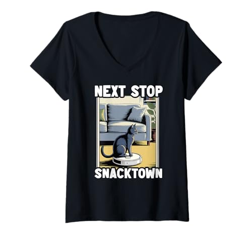 Damen Next Stop Snacktown Cat On Roboter-Staubsauger Lustige Katze T-Shirt mit V-Ausschnitt von Funny Cat Lover Designs