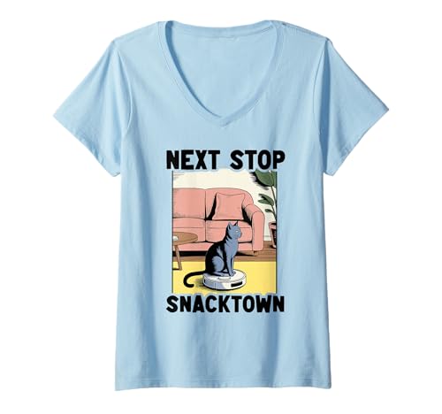 Damen Next Stop Snacktown Cat On Roboter-Staubsauger Lustige Katze T-Shirt mit V-Ausschnitt von Funny Cat Lover Designs