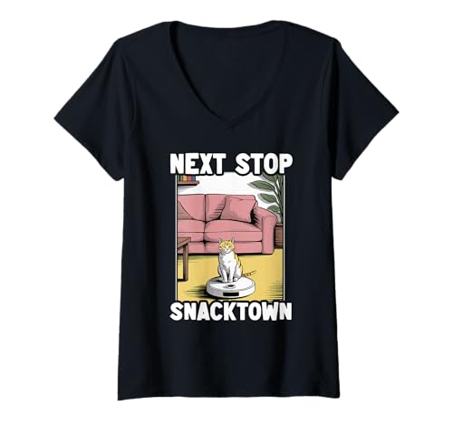Damen Next Stop Snacktown Cat On Roboter-Staubsauger Lustige Katze T-Shirt mit V-Ausschnitt von Funny Cat Lover Designs