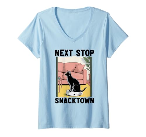 Damen Next Stop Snacktown Cat On Roboter-Staubsauger Lustige Katze T-Shirt mit V-Ausschnitt von Funny Cat Lover Designs