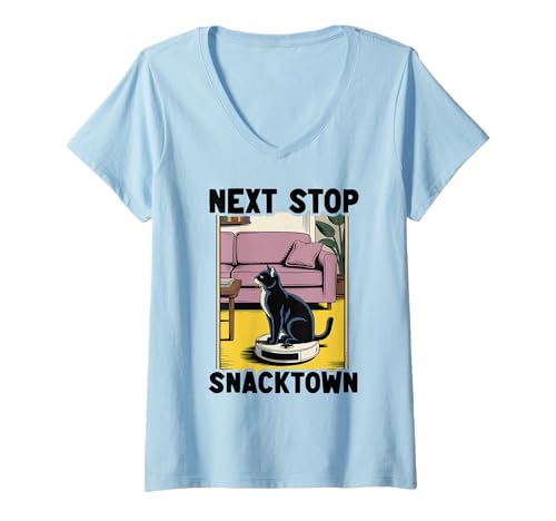 Damen Next Stop Snacktown Cat On Roboter-Staubsauger Lustige Katze T-Shirt mit V-Ausschnitt von Funny Cat Lover Designs