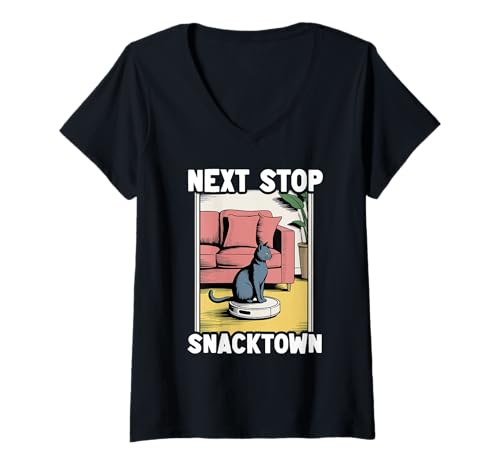 Damen Next Stop Snacktown Cat On Roboter-Staubsauger Lustige Katze T-Shirt mit V-Ausschnitt von Funny Cat Lover Designs