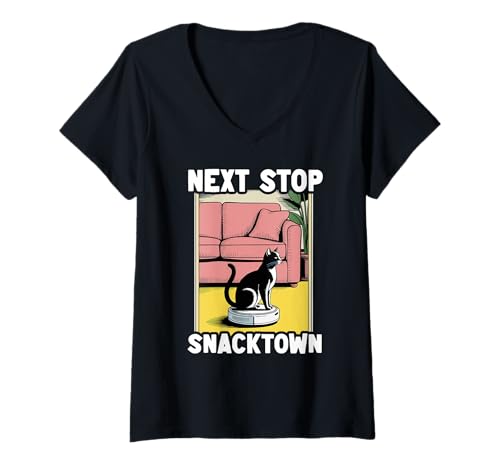 Damen Next Stop Snacktown Cat On Roboter-Staubsauger Lustige Katze T-Shirt mit V-Ausschnitt von Funny Cat Lover Designs