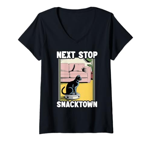 Damen Next Stop Snacktown Cat On Roboter-Staubsauger Lustige Katze T-Shirt mit V-Ausschnitt von Funny Cat Lover Designs