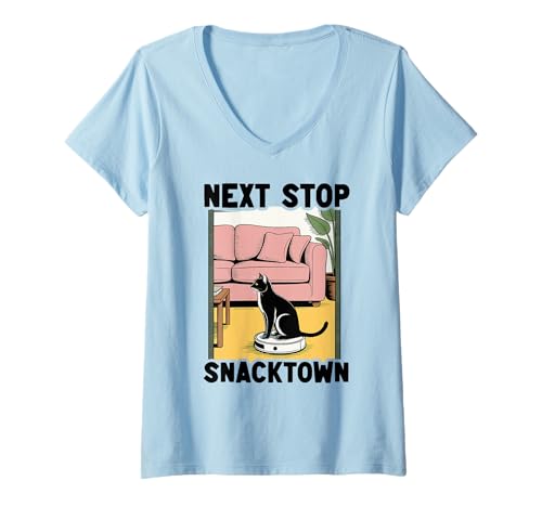 Damen Next Stop Snacktown Cat On Roboter-Staubsauger Lustige Katze T-Shirt mit V-Ausschnitt von Funny Cat Lover Designs