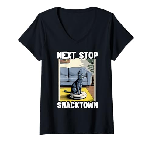 Damen Next Stop Snacktown Cat On Roboter-Staubsauger Lustige Katze T-Shirt mit V-Ausschnitt von Funny Cat Lover Designs