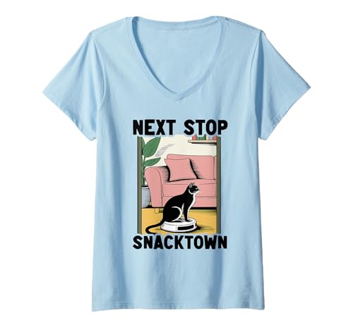 Damen Next Stop Snacktown Cat On Roboter-Staubsauger Lustige Katze T-Shirt mit V-Ausschnitt von Funny Cat Lover Designs