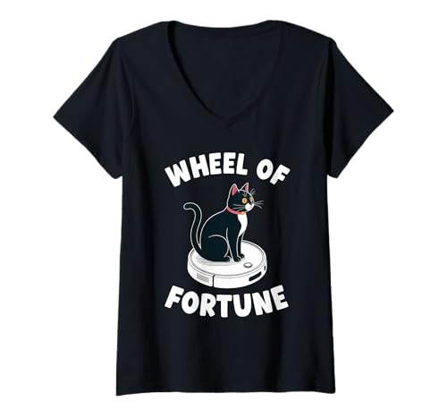 Damen Wheel of Fortune Cat Joke Roboter Staubsauger Katze T-Shirt mit V-Ausschnitt von Funny Cat Lover Designs