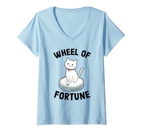 Damen Wheel of Fortune Cat Joke Roboter Staubsauger Katze T-Shirt mit V-Ausschnitt von Funny Cat Lover Designs