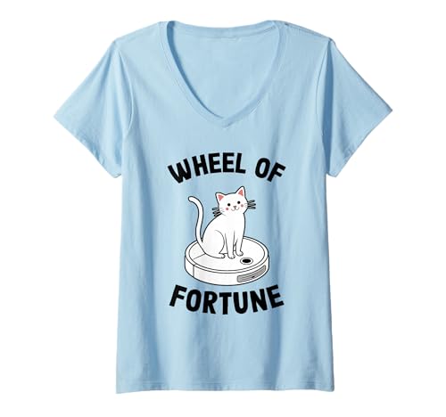 Damen Wheel of Fortune Cat Joke Roboter Staubsauger Katze T-Shirt mit V-Ausschnitt von Funny Cat Lover Designs