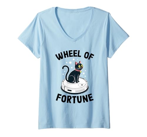 Damen Wheel of Fortune Cat Joke Roboter Staubsauger Katze T-Shirt mit V-Ausschnitt von Funny Cat Lover Designs