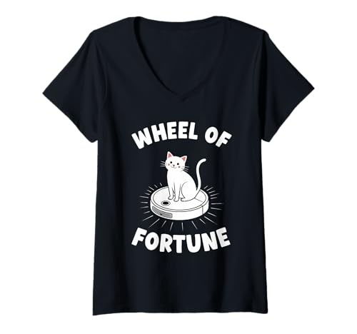 Damen Wheel of Fortune Cat Joke Roboter Staubsauger Katze T-Shirt mit V-Ausschnitt von Funny Cat Lover Designs