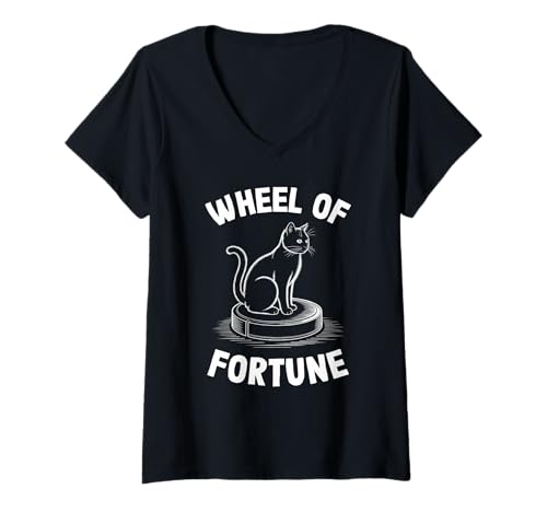 Damen Wheel of Fortune Cat Joke Roboter Staubsauger Katze T-Shirt mit V-Ausschnitt von Funny Cat Lover Designs