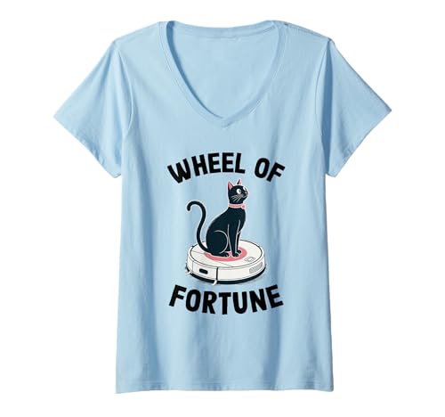 Damen Wheel of Fortune Cat Joke Roboter Staubsauger Katze T-Shirt mit V-Ausschnitt von Funny Cat Lover Designs