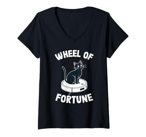Damen Wheel of Fortune Cat Joke Roboter Staubsauger Katze T-Shirt mit V-Ausschnitt von Funny Cat Lover Designs