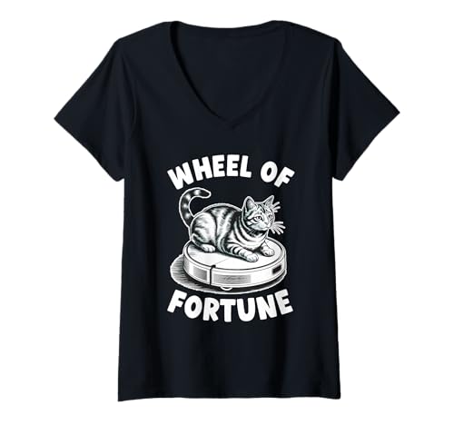 Damen Wheel of Fortune Cat Joke Roboter Staubsauger Katze T-Shirt mit V-Ausschnitt von Funny Cat Lover Designs