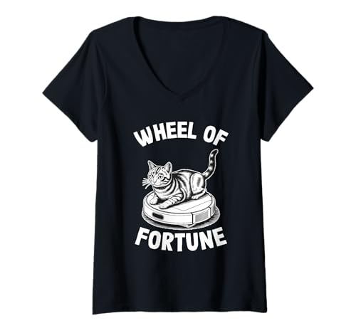 Damen Wheel of Fortune Cat Joke Roboter Staubsauger Katze T-Shirt mit V-Ausschnitt von Funny Cat Lover Designs