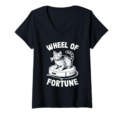 Damen Wheel of Fortune Cat Joke Roboter Staubsauger Katze T-Shirt mit V-Ausschnitt von Funny Cat Lover Designs