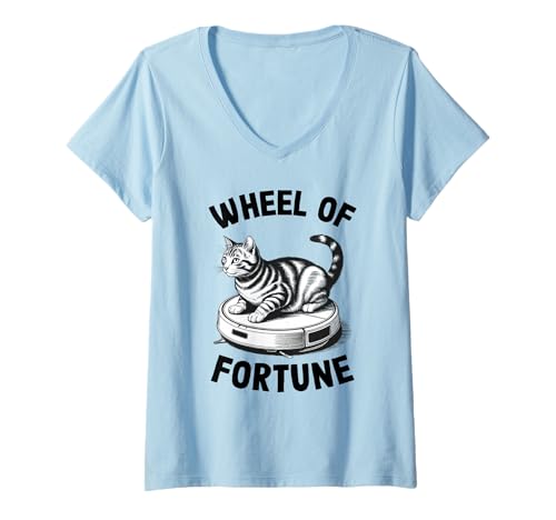 Damen Wheel of Fortune Cat Joke Roboter Staubsauger Katze T-Shirt mit V-Ausschnitt von Funny Cat Lover Designs