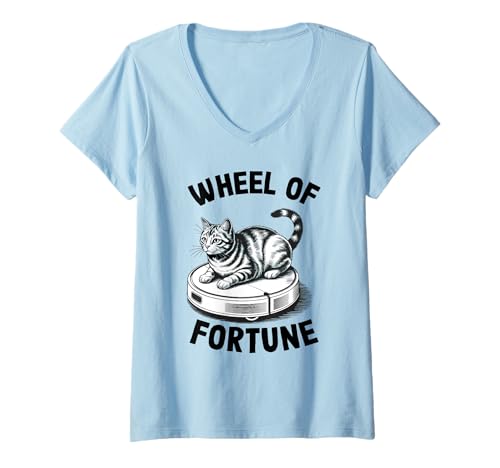 Damen Wheel of Fortune Cat Joke Roboter Staubsauger Katze T-Shirt mit V-Ausschnitt von Funny Cat Lover Designs