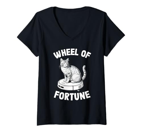 Damen Wheel of Fortune Cat Joke Roboter Staubsauger Katze T-Shirt mit V-Ausschnitt von Funny Cat Lover Designs