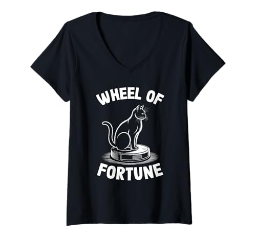 Damen Wheel of Fortune Cat Joke Roboter Staubsauger Katze T-Shirt mit V-Ausschnitt von Funny Cat Lover Designs
