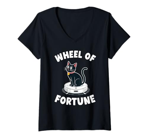 Damen Wheel of Fortune Cat Joke Roboter Staubsauger Katze T-Shirt mit V-Ausschnitt von Funny Cat Lover Designs
