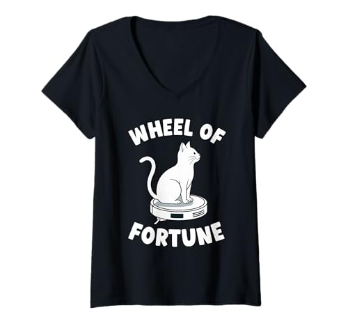Damen Wheel of Fortune Cat Joke Roboter Staubsauger Katze T-Shirt mit V-Ausschnitt von Funny Cat Lover Designs