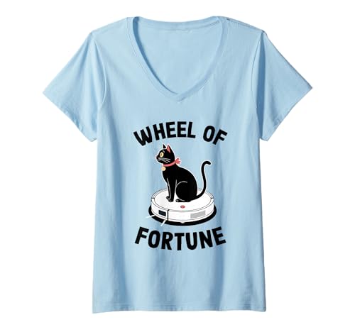 Damen Wheel of Fortune Cat Joke Roboter Staubsauger Katze T-Shirt mit V-Ausschnitt von Funny Cat Lover Designs