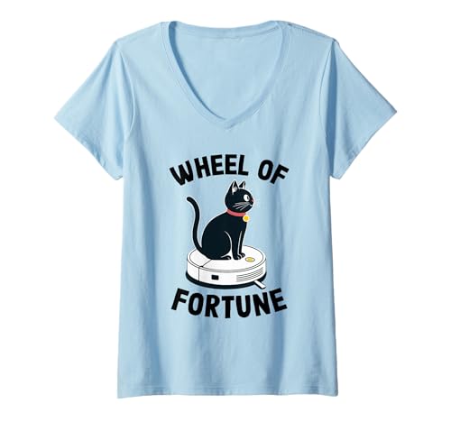 Damen Wheel of Fortune Cat Joke Roboter Staubsauger Katze T-Shirt mit V-Ausschnitt von Funny Cat Lover Designs