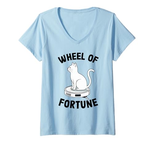 Damen Wheel of Fortune Cat Joke Roboter Staubsauger Katze T-Shirt mit V-Ausschnitt von Funny Cat Lover Designs