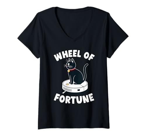 Damen Wheel of Fortune Cat Joke Roboter Staubsauger Katze T-Shirt mit V-Ausschnitt von Funny Cat Lover Designs