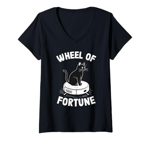 Damen Wheel of Fortune Cat Joke Roboter Staubsauger Katze T-Shirt mit V-Ausschnitt von Funny Cat Lover Designs