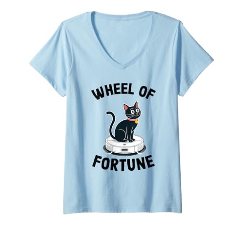 Damen Wheel of Fortune Cat Joke Roboter Staubsauger Katze T-Shirt mit V-Ausschnitt von Funny Cat Lover Designs