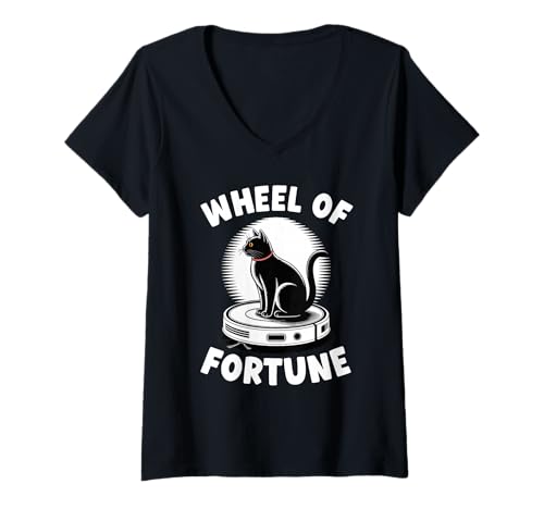 Damen Wheel of Fortune Cat Joke Roboter Staubsauger Katze T-Shirt mit V-Ausschnitt von Funny Cat Lover Designs