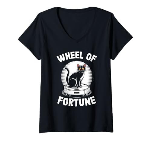 Damen Wheel of Fortune Cat Joke Roboter Staubsauger Katze T-Shirt mit V-Ausschnitt von Funny Cat Lover Designs