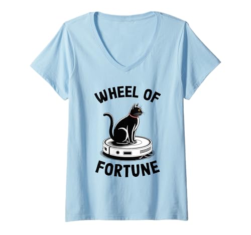 Damen Wheel of Fortune Cat Joke Roboter Staubsauger Katze T-Shirt mit V-Ausschnitt von Funny Cat Lover Designs