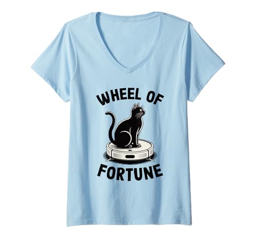 Damen Wheel of Fortune Cat Joke Roboter Staubsauger Katze T-Shirt mit V-Ausschnitt von Funny Cat Lover Designs